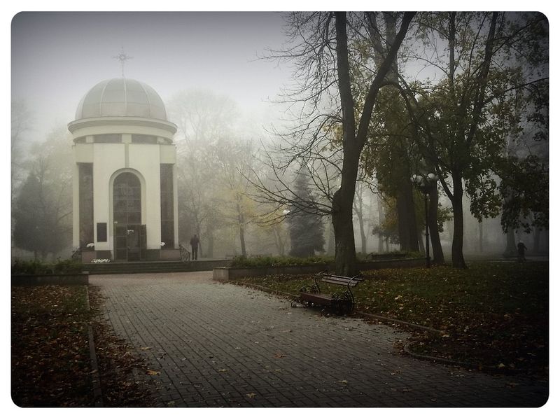 © Andrei  Kolyaskin - Foggy  morning  in  Memorial  Square  of  Ivano - Frankivsk  City , Ukraine .