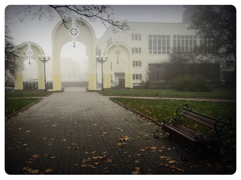 © Andrei  Kolyaskin - Foggy  morning  in  Memorial  Square  of  Ivano - Frankivsk  City , Ukraine .