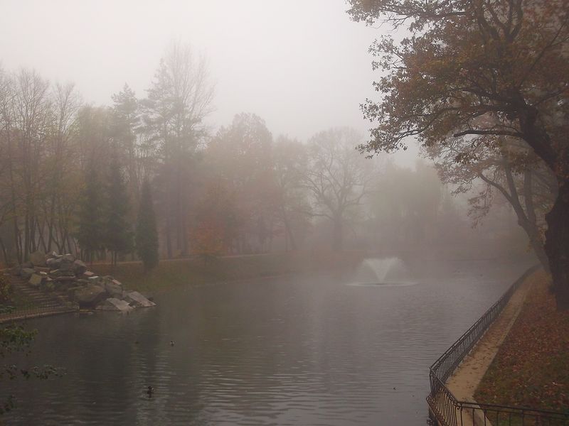© Andrei  Kolyaskin - Foggy autumn morning on the central park of Ivano - Frankivsk City , Ukraine .