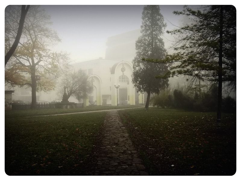 © Andrei  Kolyaskin - Foggy  autumn  morning  on  the  Memorial  Square  of  Ivano - Frankivsk  City , Ukraine .