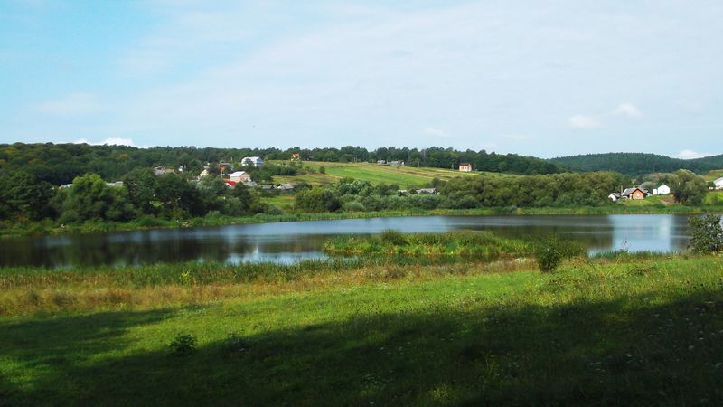 © Andrei  Kolyaskin - Lake  near  Svirzh  Castle  from  15th  century  in  village  Svirzh  of  Lviv  region , Ukraine .