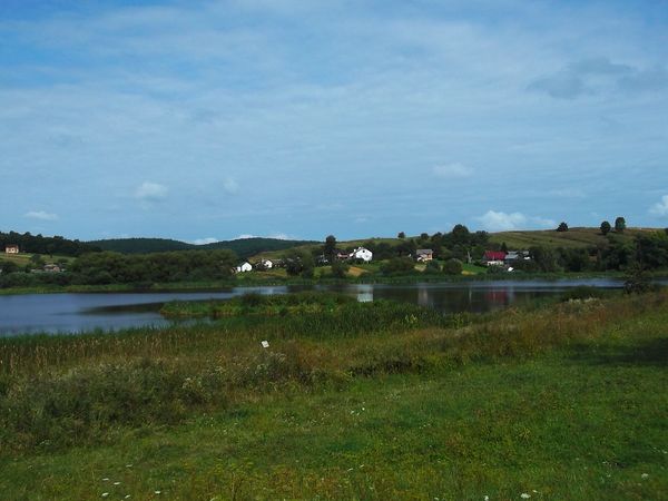 © Andrei  Kolyaskin - Lake  near  Svirzh  Castle  from  15th  century  in  village  Svirzh  of  Lviv  region , Ukraine .
