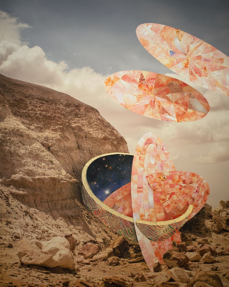 © Kris Davidson - Large handmade collage depicting an imaginary monument to an analog astronaut's memories and stories on imaginary Mars.