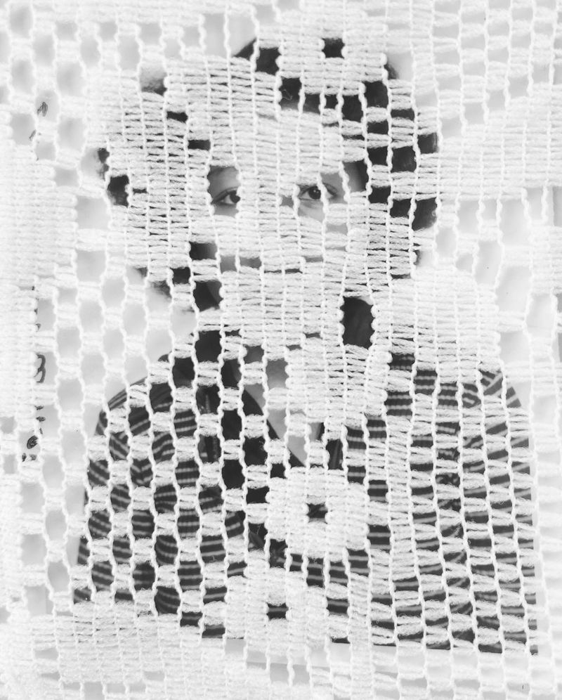© Daniela Spector - An identification photo of my mother with fabric she left behind layered on top, concealing her expression.