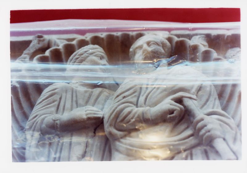© Valentin Derom - "Lovers", detail of a sarcophagus protected by a plastic tarp during the renovation of the Arles antiques Museum