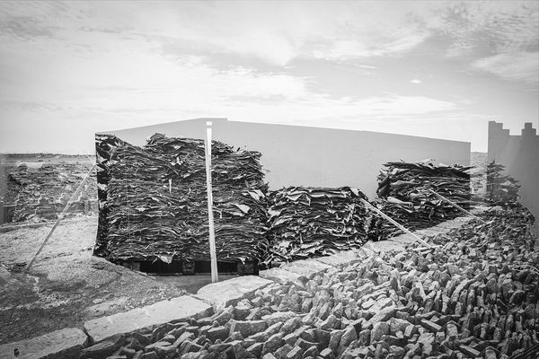 © andrea alkalay - Digital collageConstruction tent and stacked camel leather.