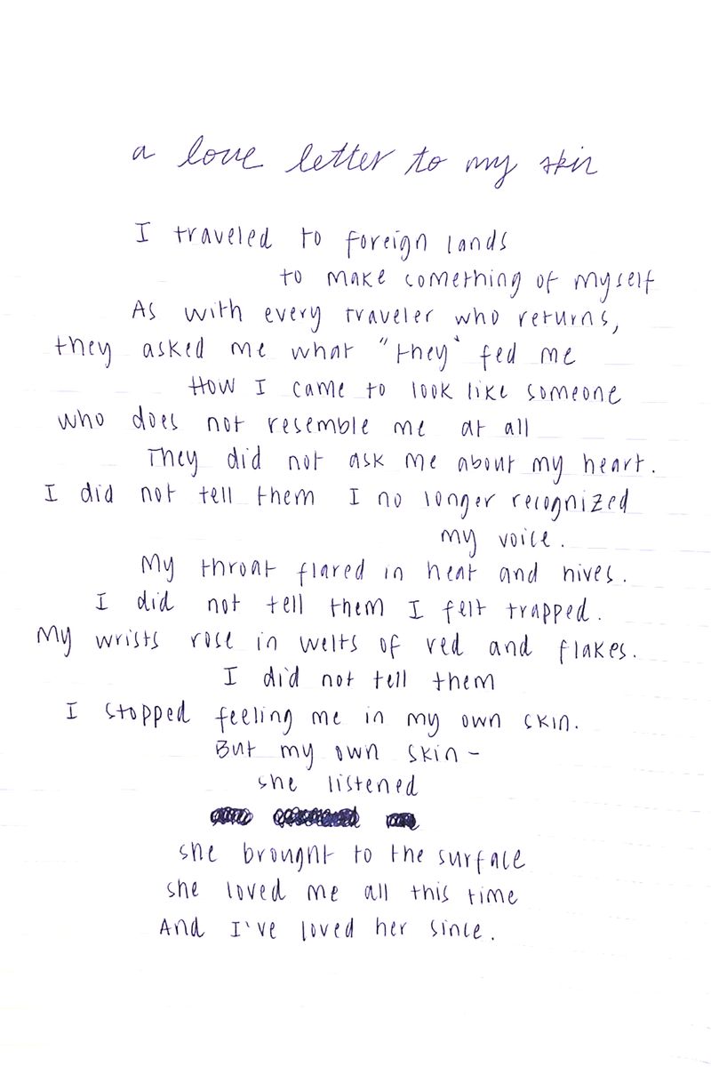 © Laura Menassa - Poem written by Nour in Lebanon, addressed to her own skin.