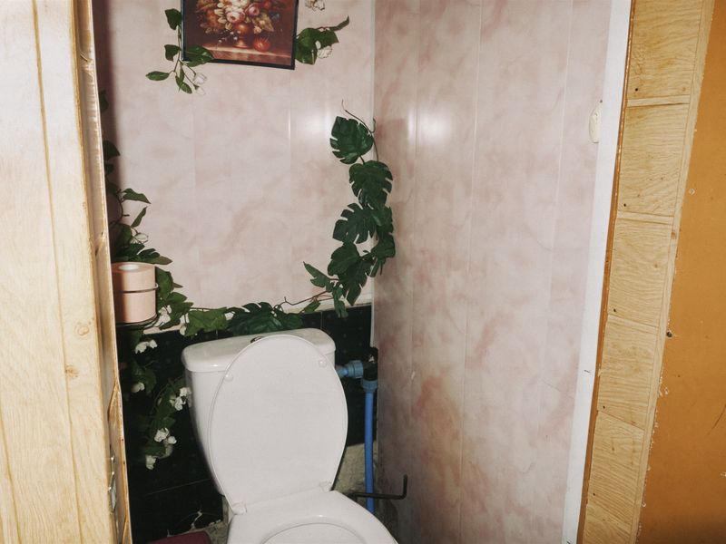 © Anastasia Miseyko - A small bathroom interior, carefully decorated with artificial plants and floral motifs.