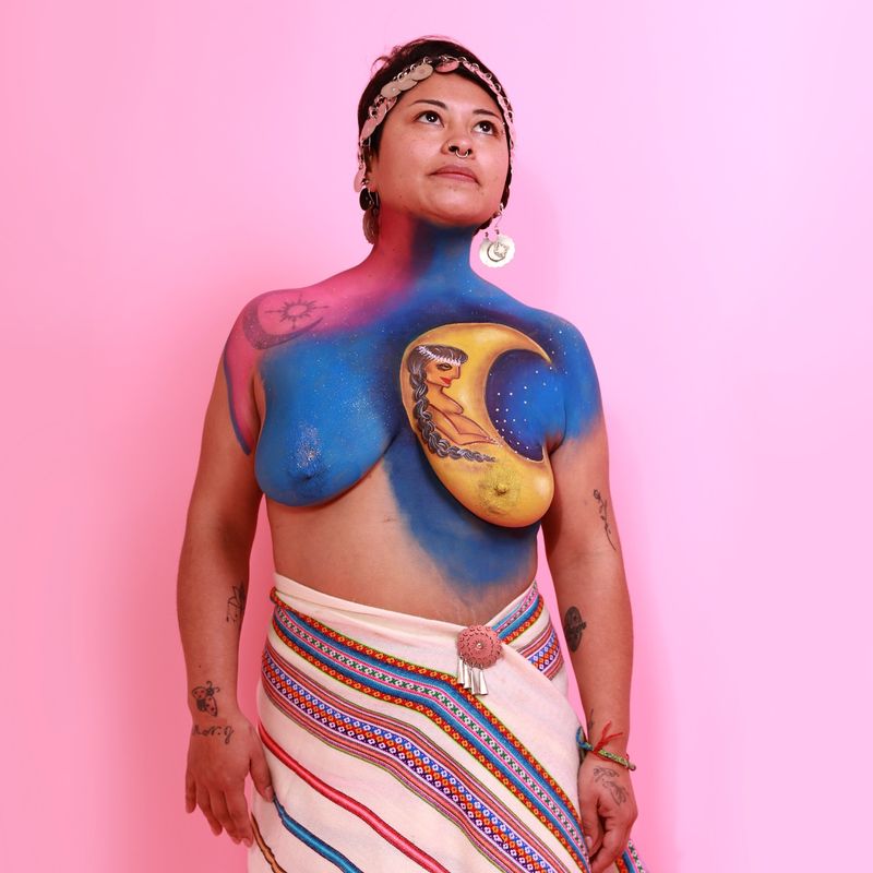 © Andrea Guedella - Mariana Millanao Woman member of the Indigenous Women for Good Living movement. Artwork “Moon” by Paola Cejas.