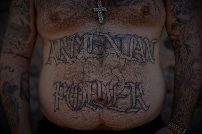 © Kiran Ridley - YEREVAN, ARMENIA - APRIL 16, 2021: A veteran of last years Nagorno-Karabakh war displays his tattoo’s on 16 April 2021.