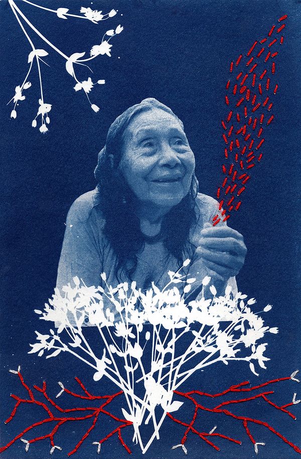 © Tatiana Lopez - Apamama Mukutsawa. Cyanotype photography with intervened embroidery.