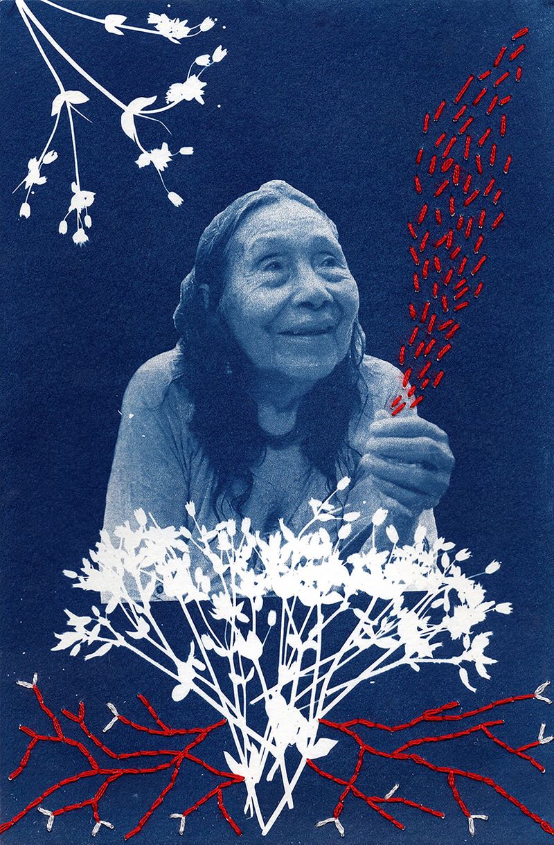 © Tatiana Lopez - Apamama Mukutsawa. Cyanotype photography with intervened embroidery.