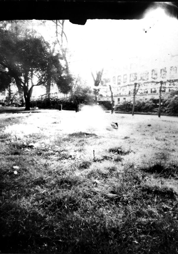 © Ana Garrido - It was exposed for 35 minutes in a direct positive paper (2023).I am in the centre of the photo, converted in a white spot.