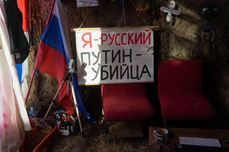 © Cecilia Frollano - Protest poster "I'm Russian, Putin is a killer" hung in the shelter of Y., 49. Navur, Armenia, 9/6/2023