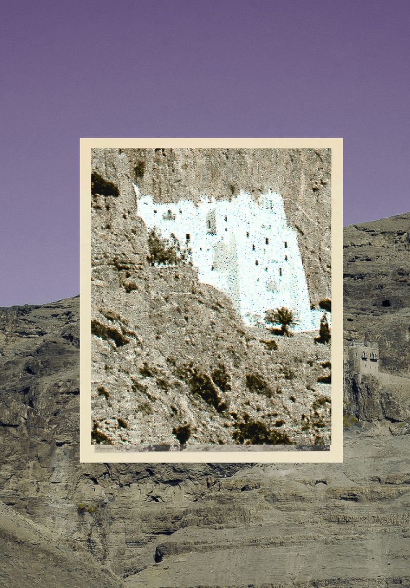 © Sofia Lambrou - Photograph of Panagia Chozoviotissa, juxtaposed on one of the Monastery of Temptation in Jericho, Palestine.