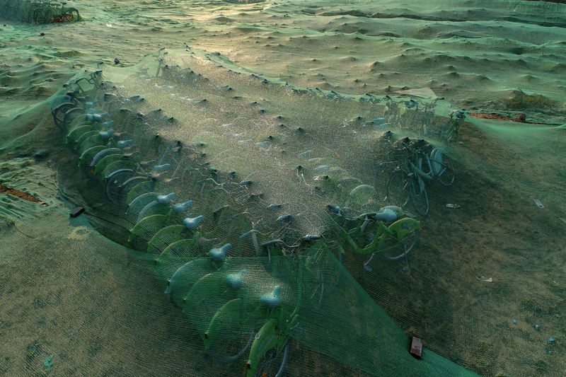 © WU GUOYONG - 01 Wuhan,China Shared bicycle covered by green mesh fabric in morning light. 2018/04/03