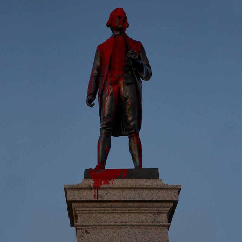 © Erin Lee - The Captain Cook monument in St. Kilda doused in red paint as part of anti-Australia Day protests in January 2022.