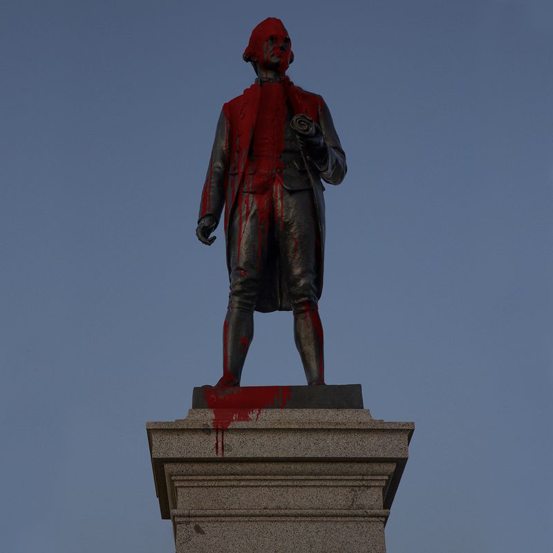 © Erin Lee - The Captain Cook monument in St. Kilda doused in red paint as part of anti-Australia Day protests in January 2022.
