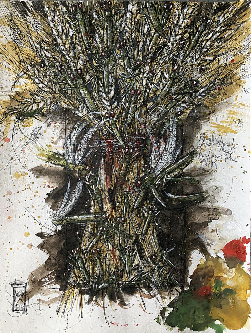 © Tara Sellios - Sketch for Triticum No. 1 (Ask Now the Beasts), 2022, 20x15 inches, watercolor, ink, gouache on paper