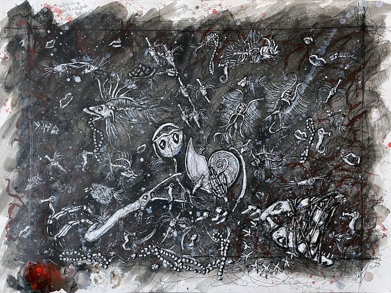 © Tara Sellios - Sketch for Abyssus (Ask Now the Beasts), 2024, 18x24 inches, watercolor, ink, gouache on paper
