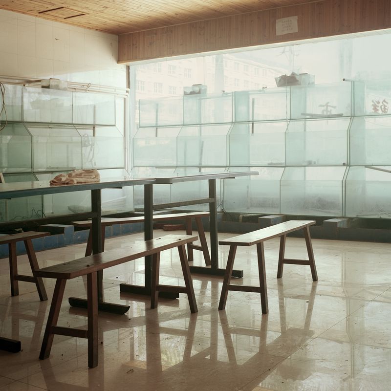 © Huiying Ore - Empty seafood tanks and furniture in a restauant at Boten city gather dust after a long period of disuse.