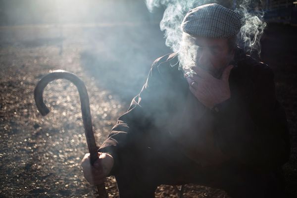 © Susana Giron - Antonio Alarcon, nomad shepherd, smoking a cigarette at early morning during the trashumant migration in Andalucia.