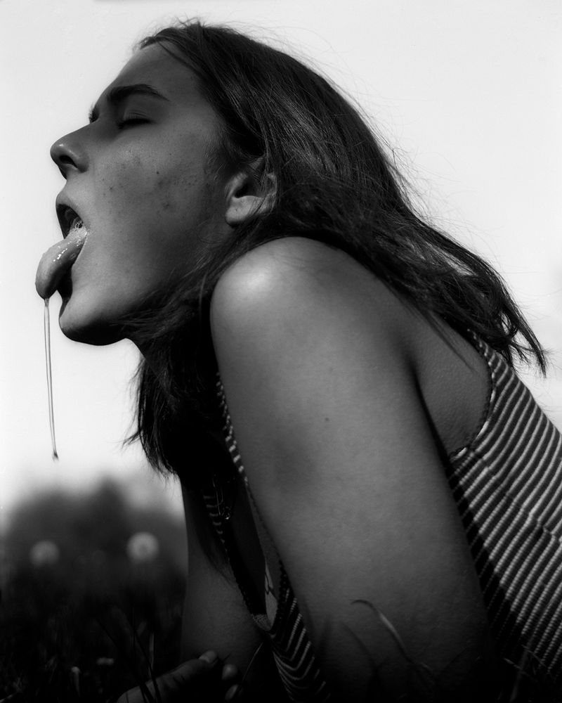 © Jillian Freyer - Lily with her tongue out, saliva dangling, laying in the backyard.
