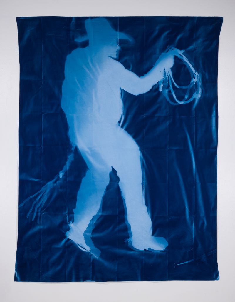 © Jackie Neale - Crossing Over: Immigration Stories, 2018 Cotton fabric cyanotype portraits 5x7ft