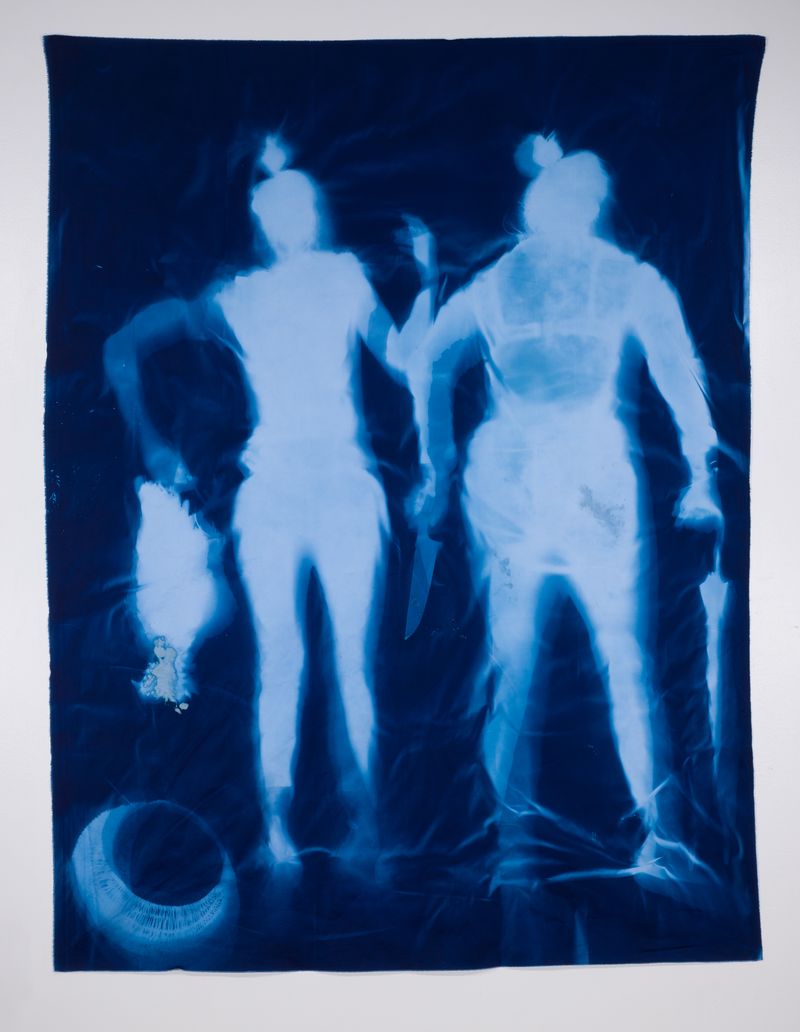© Jackie Neale - Crossing Over: Immigration Stories, 2018 Cotton fabric cyanotype portraits 5x7ft