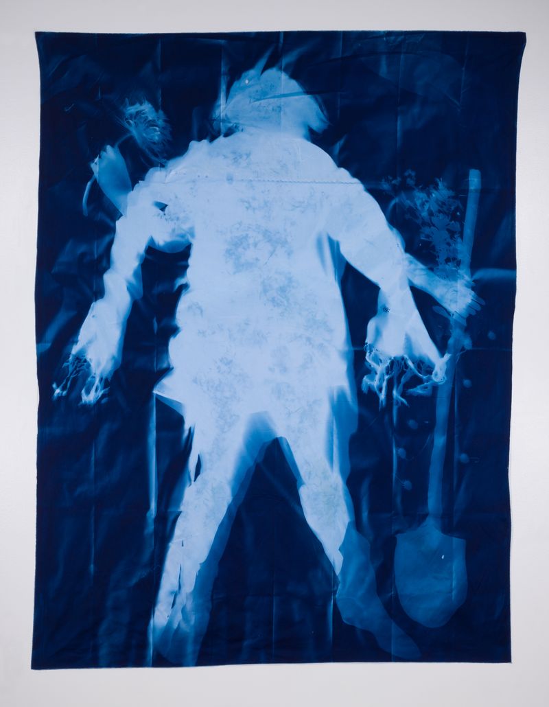 © Jackie Neale - Crossing Over: Immigration Stories, 2018 Cotton fabric cyanotype portraits 5x7ft