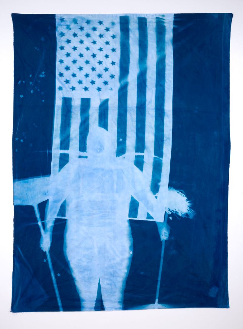 © Jackie Neale - Crossing Over: Immigration Stories, 2017 Cotton fabric cyanotype portraits 5x7ft