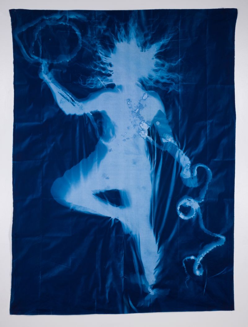 © Jackie Neale - Crossing Over: Immigration Stories, 2018 Cotton fabric cyanotype portraits 5x7ft