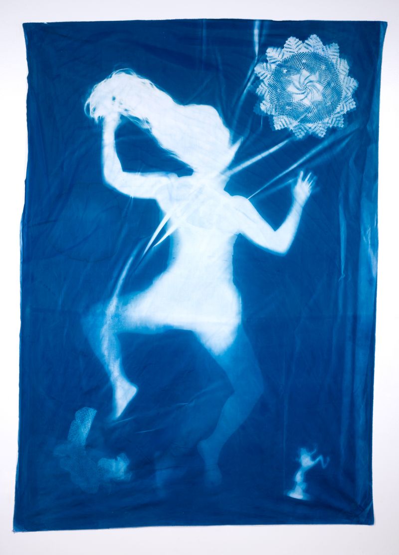 © Jackie Neale - Crossing Over: Immigration Stories, 2017 Cotton fabric cyanotype portraits 5x7ft