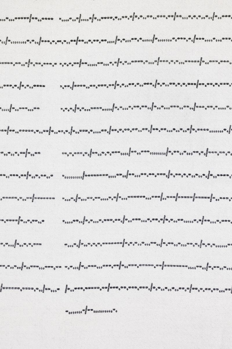 © Yujie Zhou - Save as Text — The Whistle-Giver in Morse Code2023, Jacquard Weave, Wool and Cotton, 310 x 110 cm.