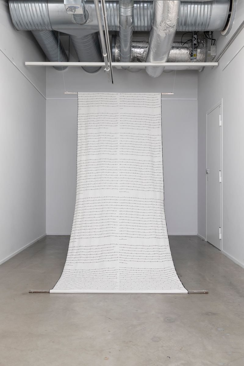 © Yujie Zhou - Save as Text — The Whistle-Giver in Morse Code2023, Jacquard Weave, Wool and Cotton, 310 x 110 cm.