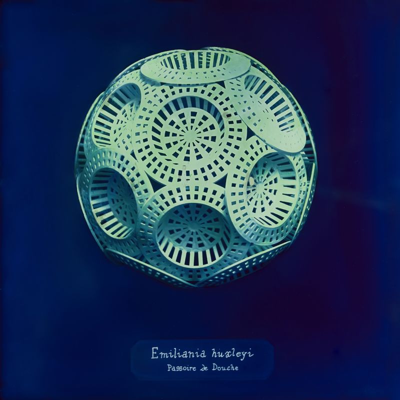© Manon Lanjouère - Emiliania huxleyi, Cluster of shower sieves, Cyanotype on glass and fluorescent vynil emulsion, 20x20 cm