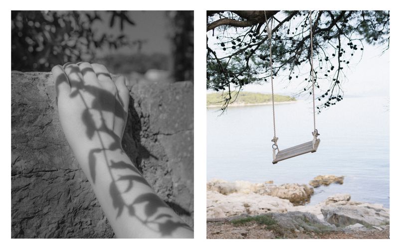 © Hana Selena Sokolovic - Two images: my sister’s hand on the house of summer 1992, and a swing next to the sea close to it. -Hvar Jelsa, 2024