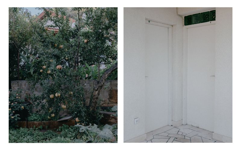 © Hana Selena Sokolovic - Two images: tree in the garden of the summer house 1992, and the doors to my sisters rooms — Jelsa, Hvar, 2024.