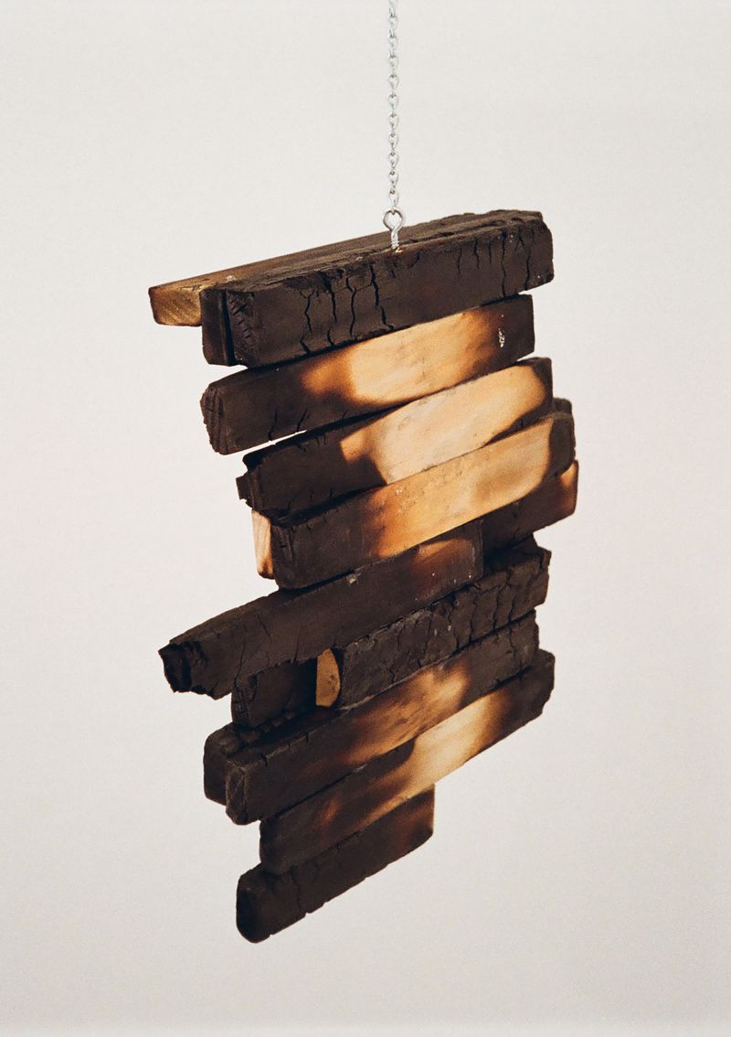 © Raine Roberts - [Dis]assembling I. 12" x 18" charred wood and metal. Photo of sculpture piece "[Dis]assembling I"