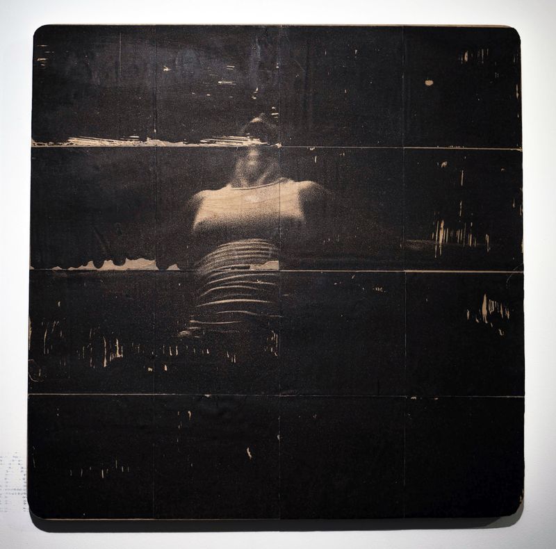 © Raine Roberts - Dancer Upper Half Emerging, 16"x16", Photographic Transfer on Wood, 2023