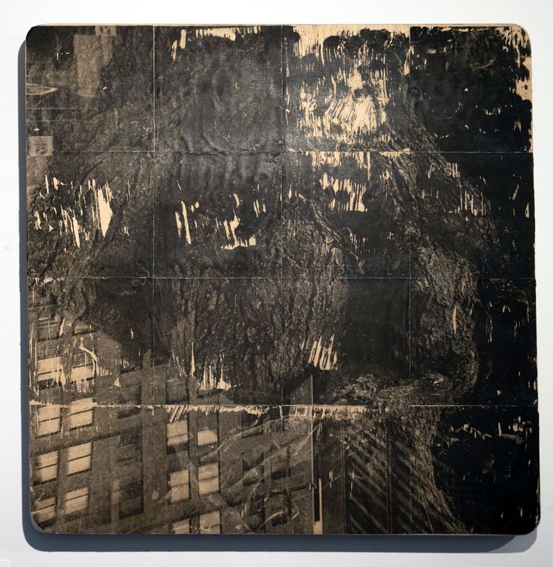 © Raine Roberts - Eroding Tree Over Building, 16"x16", Photographic Transfer on Wood, 2023