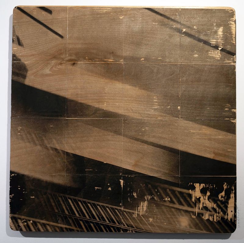 © Raine Roberts - Fractured Structure, 16"x16", Photographic Transfer on Wood, 2023