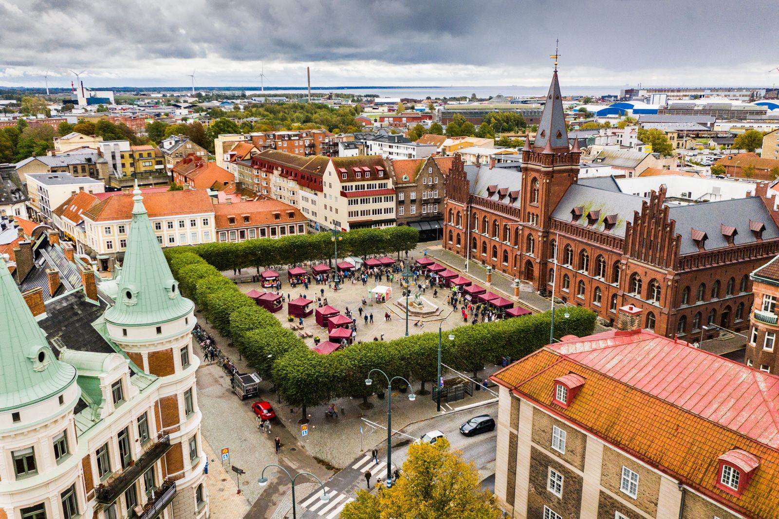 Aereal view of Rådhustorget Marknad, one of Landskrona main square