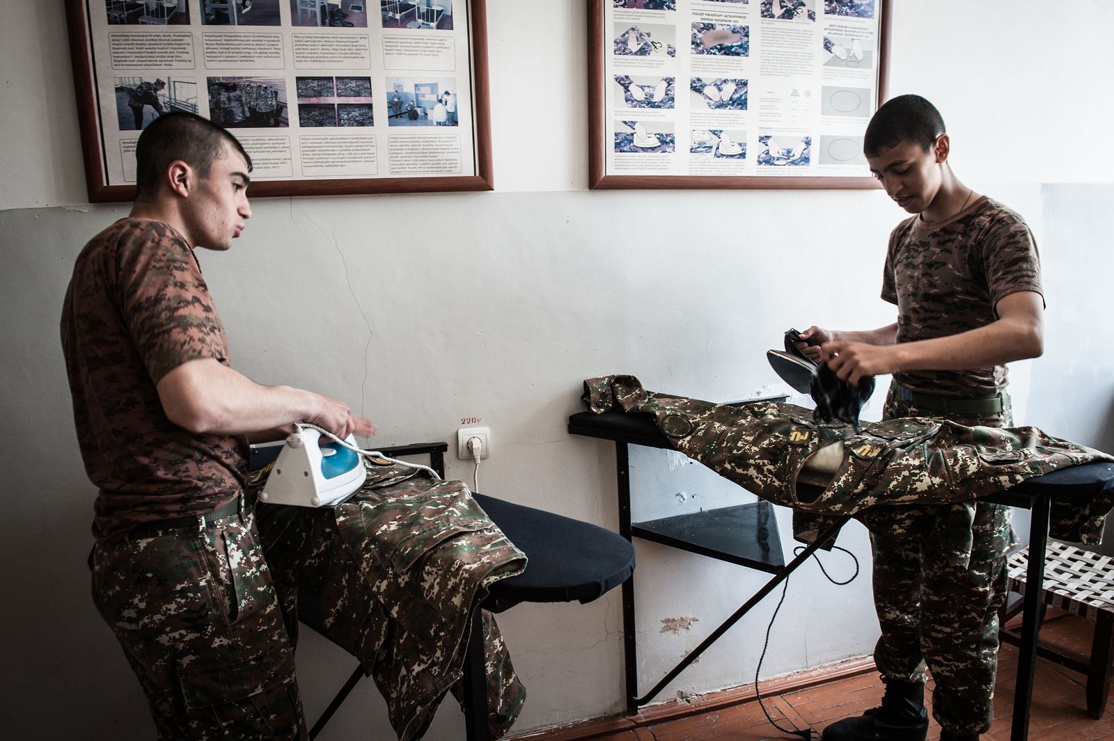 © Mattia Vacca - Young soldiers iron their military uniform in the military high-school in Stepanakert.