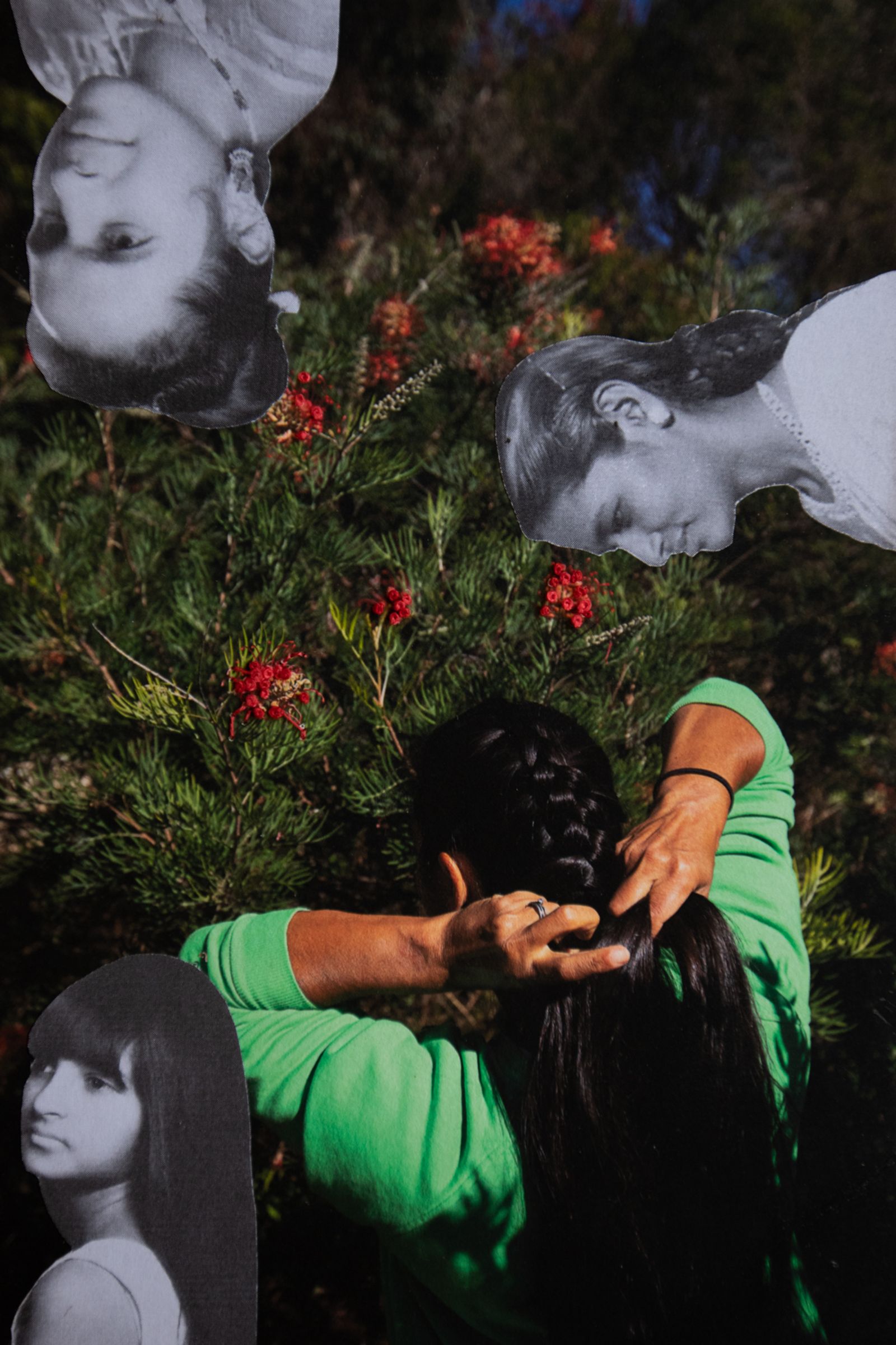© Davina Jogi - 'Concatenate'. Braiding our hair, Bridgetown, Western Australia, 2022. (Embroidered Photographic Collage).