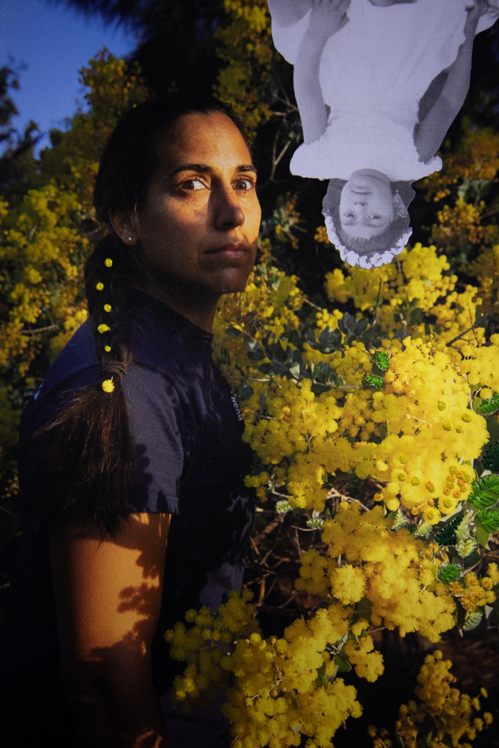 © Davina Jogi - 'Brown Gilt'. Self-portrait with the golden wattle, Bridgetown, Western Australia, 2022. (Embroidered Photographic Collage)