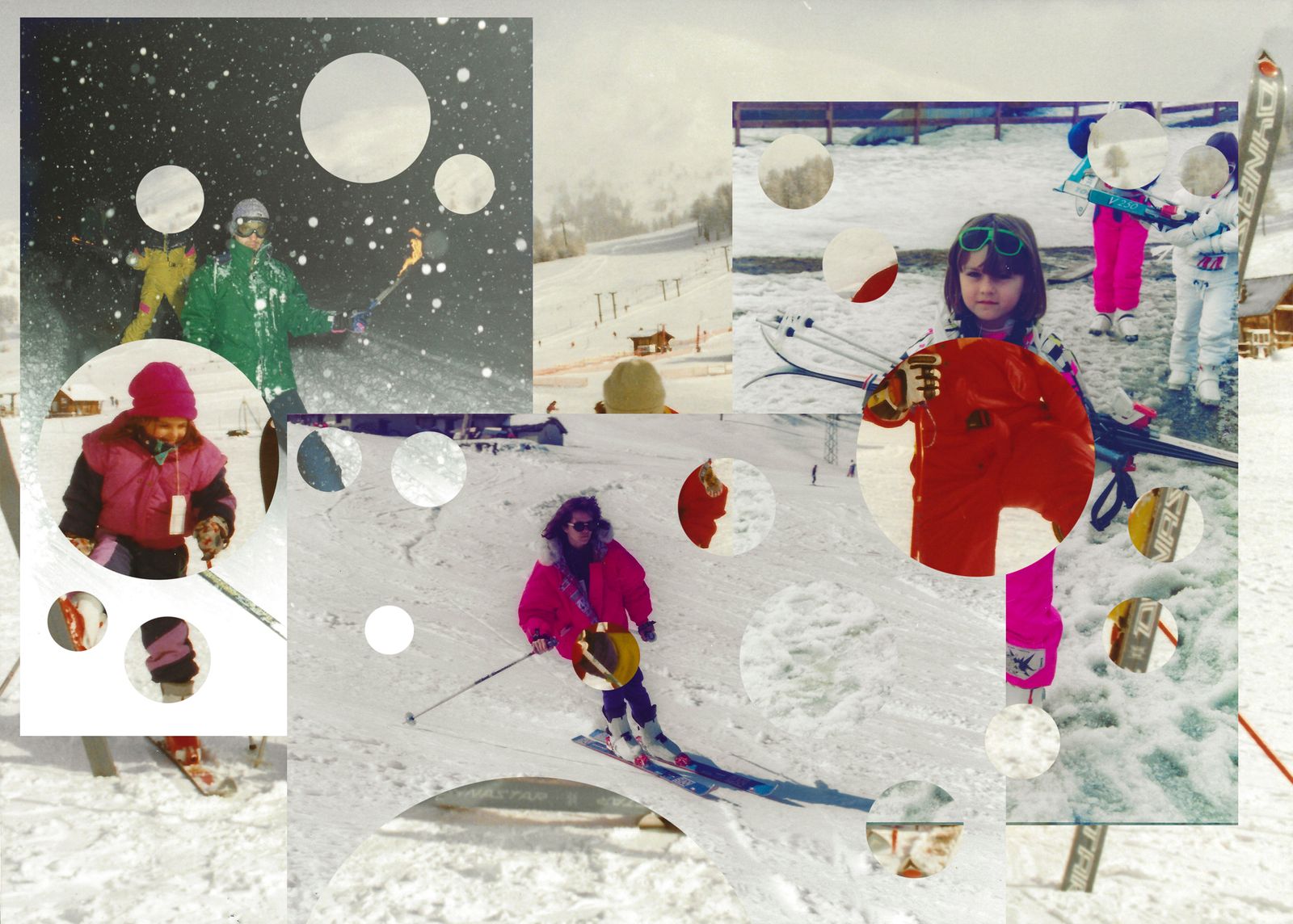 © Ludovica Bastianini - The family on skis. Collage of old photos taken during the 80's
