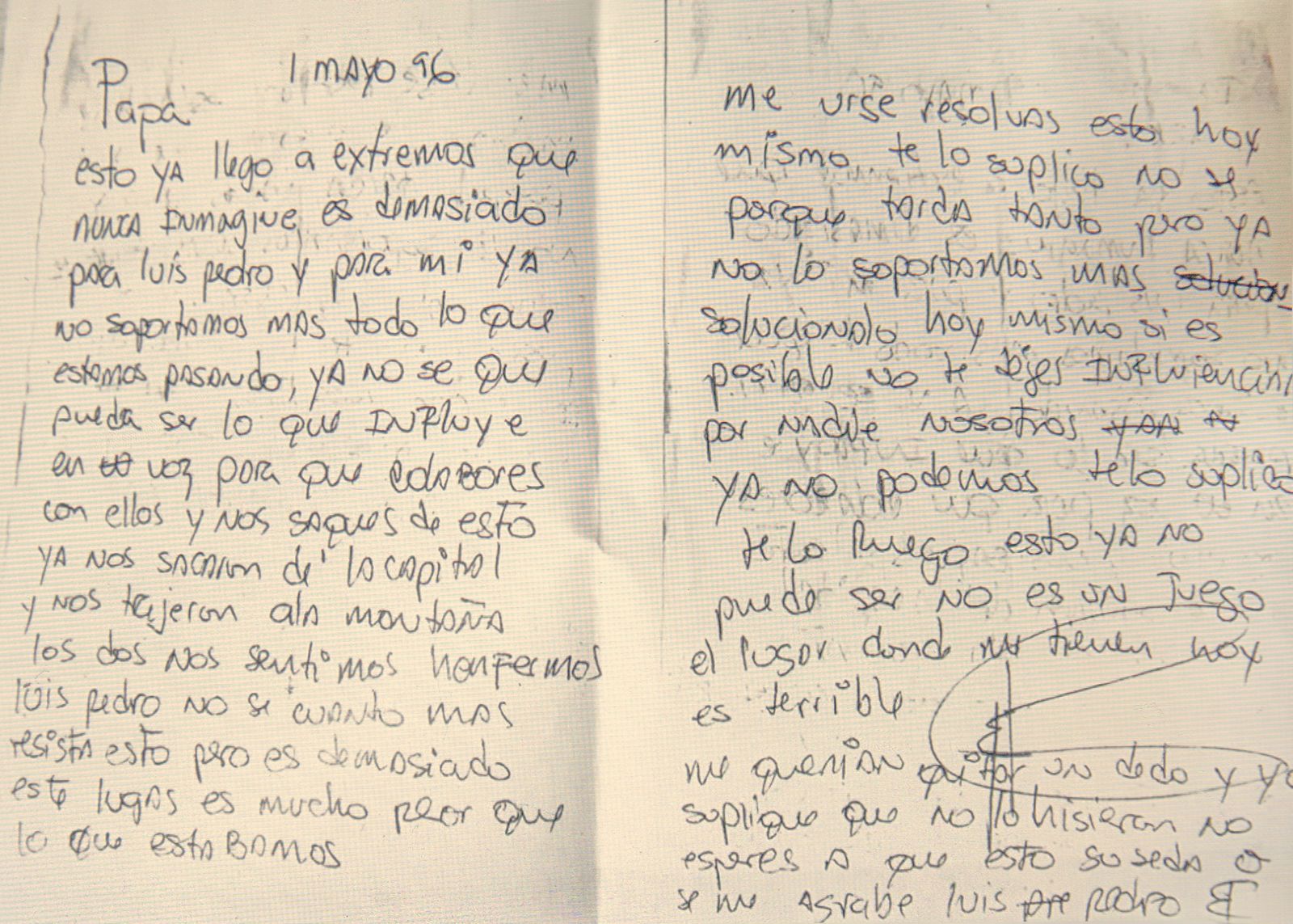 Proof of life 03. Letter from Juan Corzo, Jr. to Juan Corzo, Sr.Translation:‘1st of May, 96