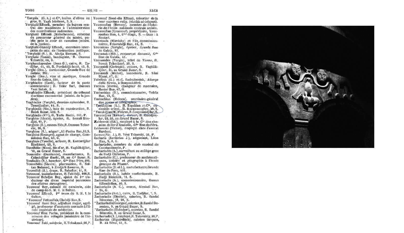 © Rebecca Topakian - On the left : excerpt of the Annuaire Oriental de 1891, found on Gallica, mentioning an address in Istanbul.