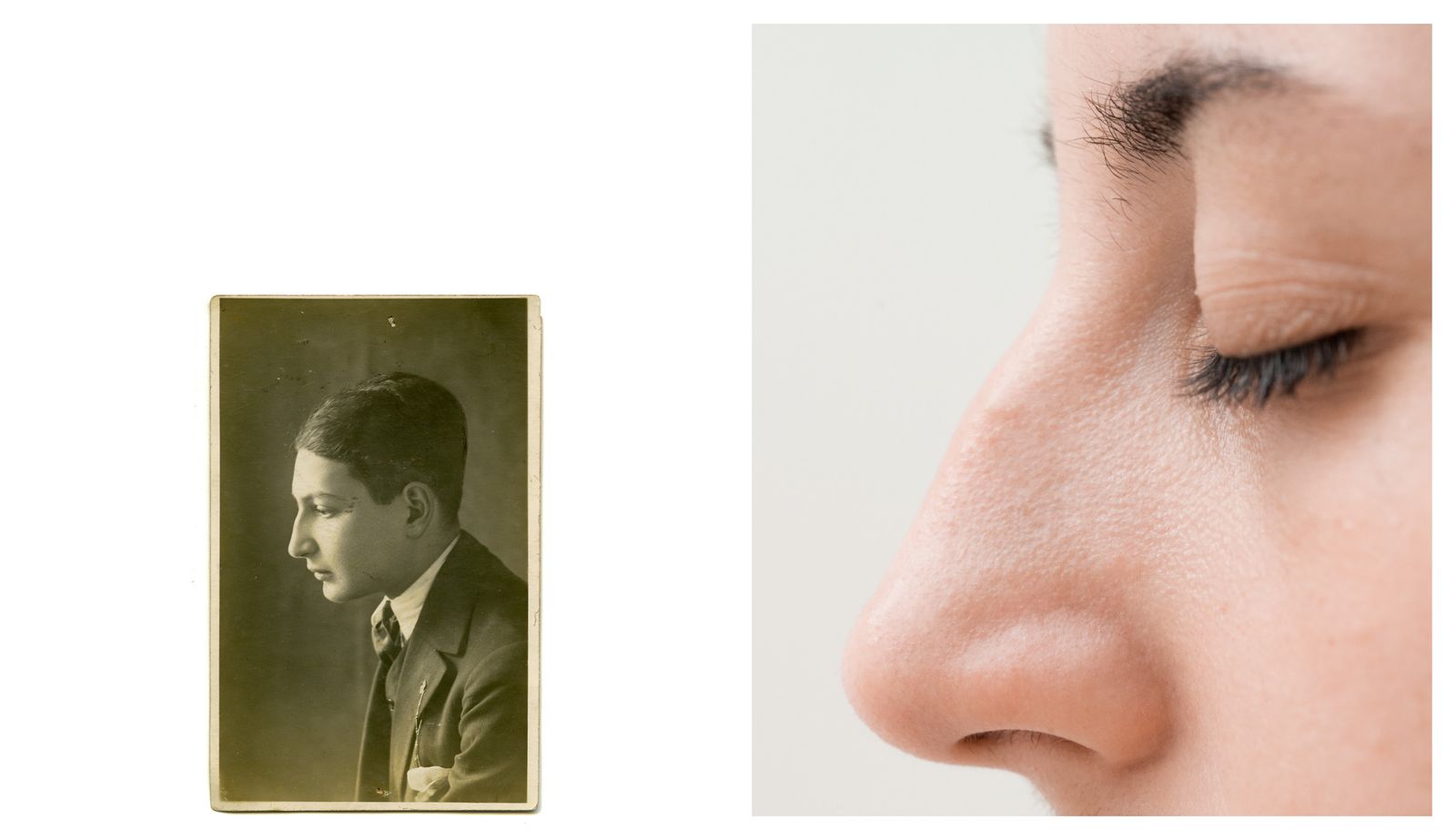 © Rebecca Topakian - A photograph of Hayg Topakian, 1926, family archives.On the right : Nose of Rebecca Topakian (myself), Paris, 2017
